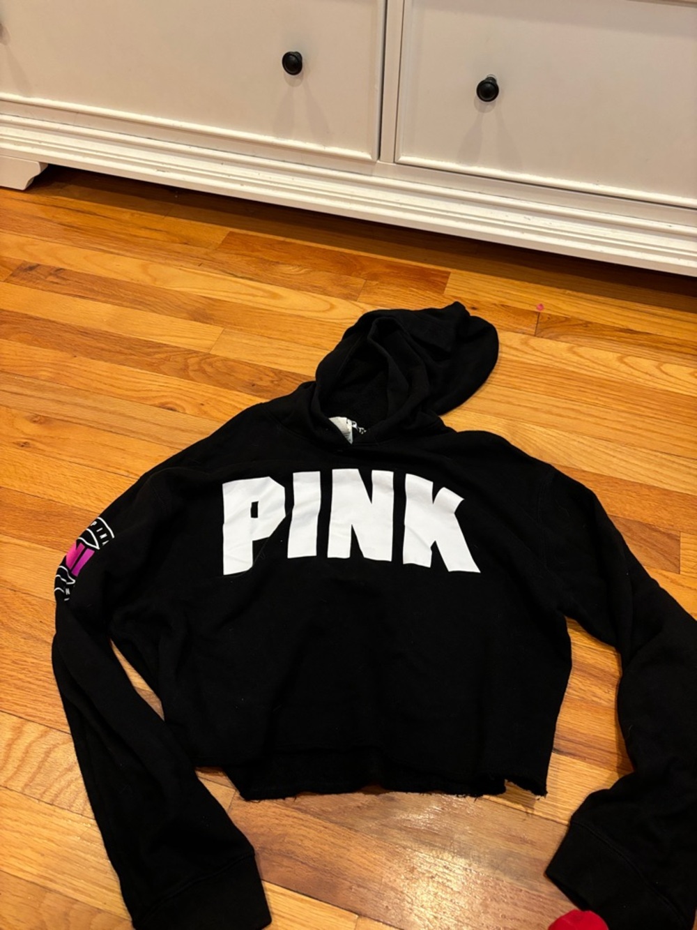 PINK Victoria's Secret Black Cropped Hoodie with White Logo
